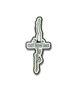 From Indian Lakes One Arm Up Skeleton Enamel Pin