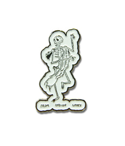 From Indian Lakes Dancing Skeleton Enamel Pin